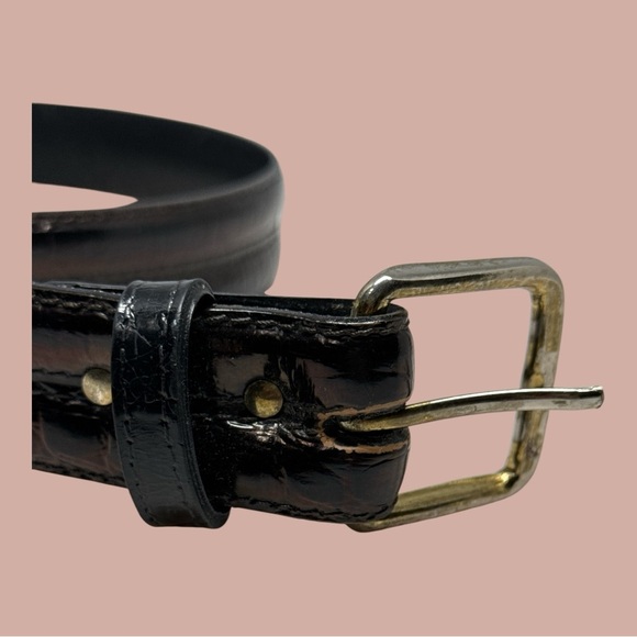 Embossed Leather (?) Dark Brown/Black Belt 1.25” W x 33” L Gold Buckle - Picture 2 of 4